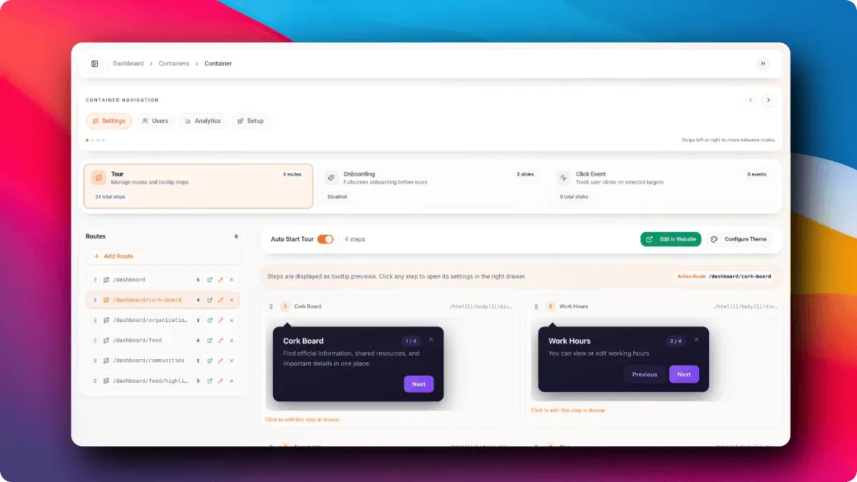 User Tourly product dashboard overview